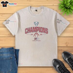 Alt Text: 2026 Official Rider Broncs Mac Wrestling Champions washed t-shirt showcasing team pride and sportsmanship.