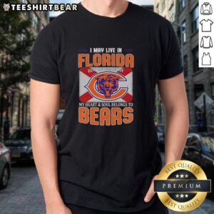 Top I May Live In Florida But On Gameday My Heart And Soul Belongs To Chicago Bears Football Flag T-Shirt displayed.