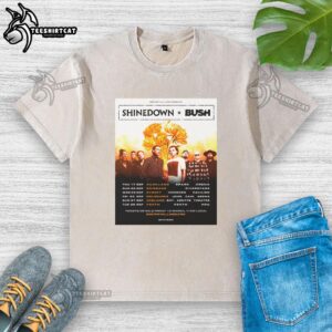 Alt Text: 2026 Nice Shinedown X Bush Dance Kid Act II Tour Australia poster on a washed T-shirt design.