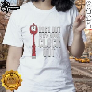 Alt Text: Original Rock Out With Your Clock Out Ladies Tee featuring a stylish design for music lovers and casual wear.