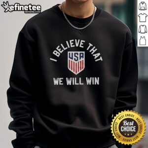 Premium Crest I Believe That We Will Win USA sweatshirt in navy blue with bold lettering, perfect for sports fans.