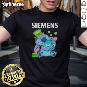 Alt Text: Nice Stitch Hug Siemens Logo St. Patrick's Day T-Shirt featuring a festive design and vibrant colors.