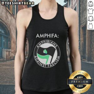 Nice frog graphic on an 'Amphifa: Amphibians Against Fascism' tank top, showcasing amphibian activism and style.