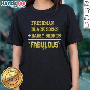 Stylish black socks, baggy shorts, and a fabulous ladies tee from Official Freshman collection, perfect for casual wear.