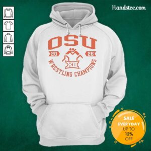 Alt Text: 2026 Nice Oklahoma State Cowboys Wrestling Championship hoodie in black with vibrant team logo and design.