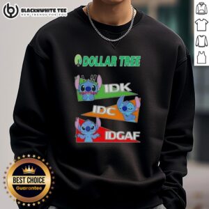 Casual Top-Stitch X Dollar Tree sweatshirt featuring 'Idk, I Dont Care, IDC, Idgaf' slogan in stylish design.