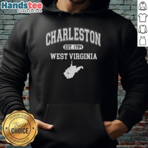 Alt Text: Official Charleston West Virginia Est. 1794 Varsity Hoodie featuring a classic design in navy blue and white.
