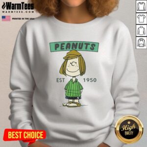 Cute Peanuts Peppermint Patty Est 1950 sweatshirt featuring colorful graphics and cozy design for fans.