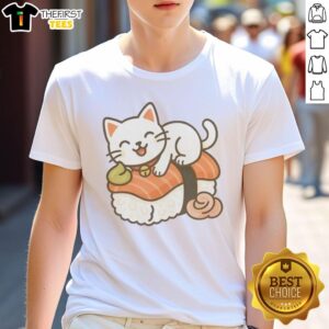 Cute sushi cat kawaii kitty design on salmon nigiri t-shirt, perfect for cat lovers and sushi enthusiasts.