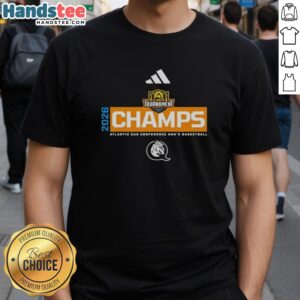 Queens Royals 2026 Atlantic Sun Conference Men's Basketball Tournament Champions T-Shirt featuring team logo and colors.