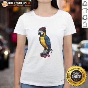 Awesome roller skating parrot graphic on a stylish ladies tee, perfect for fun fashion and animal lovers.