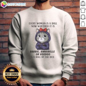 Top Cat sweatshirt featuring dolls like Barbie, Annabelle, and Voodoo, showcasing a playful and unique fashion statement.