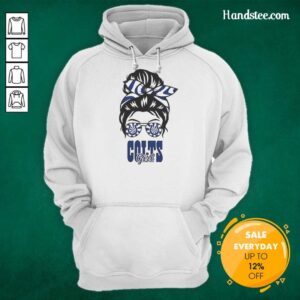 Cheerful Indianapolis Colts girl with glasses, messy bun, and hoodie, showcasing team spirit and style.