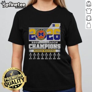 Premium Michigan Wolverines NCAA Basketball Big 10 2026 Champions Ladies Tee featuring team logo and stylish design.