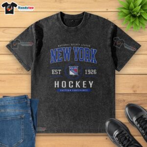 Official New York Rangers Hockey Legacy Crest Washed T-Shirt featuring vintage logo design and soft fabric.