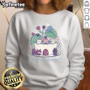 Alt Text: Cute Alice in Wonderland cats sweatshirt featuring whimsical cats enjoying tea, perfect for cat lovers and fans of the story.