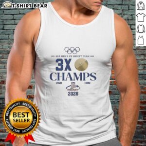 Men's tank top celebrating the USA Hockey 2026 Olympic team, featuring '3x Champions' design in bold graphics.