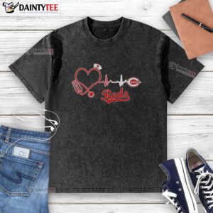 Nice Cincinnati Reds Nurse Lover Heartbeat Baseball T-Shirt - Image 6