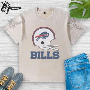 Alt Text: Nice Buffalo Bills football logo displayed on a big helmet washed t-shirt, perfect for fans and casual wear.