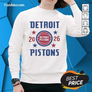 Alt Text: Premium Detroit Pistons Playoffs 26 Stars Sweatshirt featuring team logo, perfect for fans during playoff season.