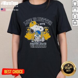 Alt Text: Cute Snoopy holding Golden State Warriors logo on a stylish ladies tee, perfect for fans celebrating their team spirit.