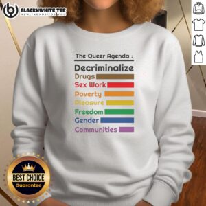 Alt Text: Awesome queer agenda sweatshirt promoting decriminalization of drugs, sex work, and freedom for gender communities.