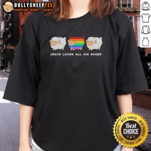 Alt Text: Colorful ladies tee featuring 'Jesus Loves All His Sheep' design with a vibrant rainbow, perfect for casual wear.
