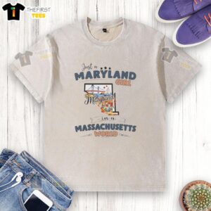 Alt Text: Pretty Maryland girl in a Massachusetts world state map outline washed t-shirt, showcasing her unique style.