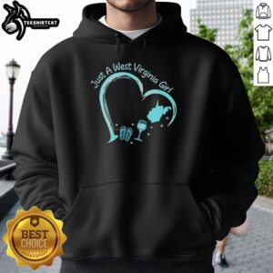 Stylized hoodie featuring 'Just a West Virginia Girl,' with slippers and a wine glass for a cozy WV vibe.
