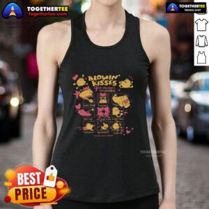 Model in a Love Bug tank top demonstrating 9 techniques for blowing kisses, showcasing style and playful vibes.