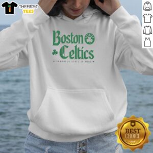 Alt Text: Pretty Boston Celtics St. Patrick's Day Shamrock State of Mind Hoodie in green with shamrock design.