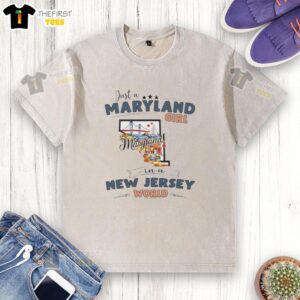 Alt Text: Pretty Maryland girl wearing a washed t-shirt with New Jersey state map outline design, showcasing state pride.