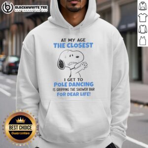 Funny hoodie featuring Snoopy with the quote about aging and shower bars, perfect for Peanuts fans.