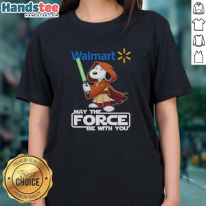 Alt Text: Ladies tee featuring Snoopy at Walmart with 'May The Force Be With You' graphic, perfect for fans and casual wear.