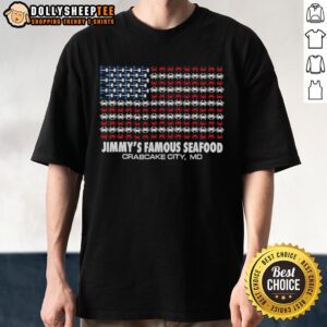 Alt Text: Official Jimmy's Famous Seafood Crabcity US Flag T-Shirt featuring a vibrant design of the American flag and crab logo.