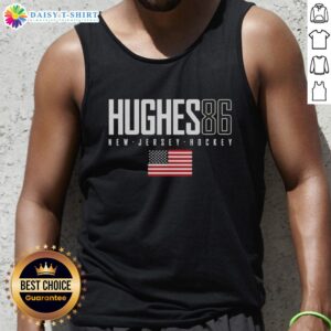 Alt Text: Good Jack Hughes 86 New Jersey Devils tank top featuring USA flag design, perfect for fans and summer wear.