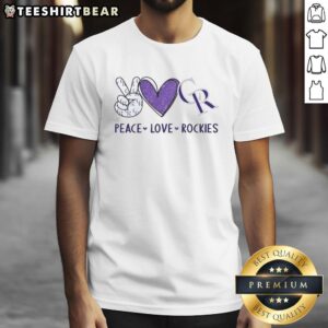 Alt Text: Awesome Colorado Rockies T-shirt featuring peace love Rockies hand sign in heart shape and logo design.