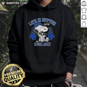 Awesome Snoopy wearing a Utah Jazz hoodie, showcasing the Warriors logo, celebrating life with Utah Jazz spirit.