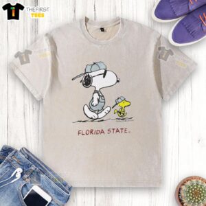 Premium Peanuts Florida State University Snoopy and Woodstock washed t-shirt featuring vibrant graphics and comfortable fit.