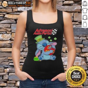 Alt Text: Top Stitch Hug Advance Auto Parts logo on a festive St. Patrick's Day tank top design, perfect for celebrating.