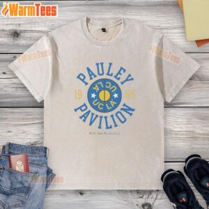 Alt Text: Vintage 1995 UCLA Nell and John Wooden Court T-shirt featuring Pauley Pavilion indoor arena design.
