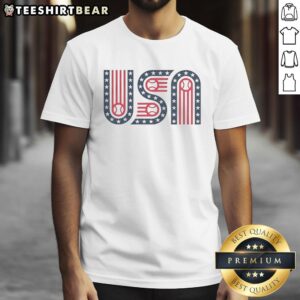 Alt Text: Hot USA stars and stripes baseball t-shirt featuring a patriotic design for sports fans and summer outings.