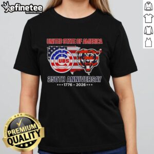 Premium Chicago Sport Teams USA 250th Anniversary map flag ladies tee showcasing team logos and patriotic design.