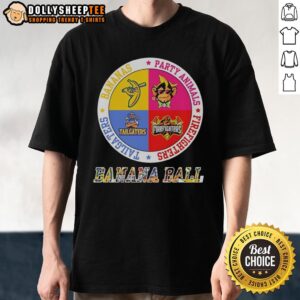 Hot Bananas Ball T-Shirt featuring party animals and firefighters in a fun circle logo design for tailgaters.