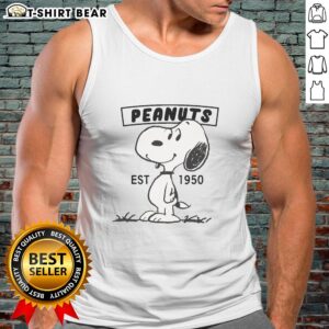 Alt Text: Pretty Peanuts Snoopy Smile tank top est. 1950 featuring a cheerful Snoopy design for casual wear.