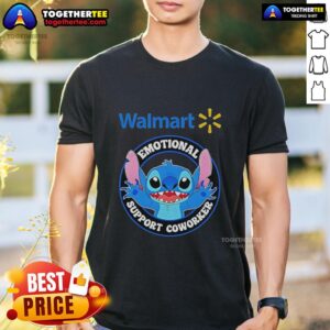 Alt Text: Official Happy Stitch Walmart Emotional Support Coworker T-Shirt featuring a fun design and vibrant colors for comfort.