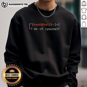 Alt Text: Top Linux Hacker Joke 'rm -rf yourself' sweatshirt for programmers, featuring a humorous tech design.
