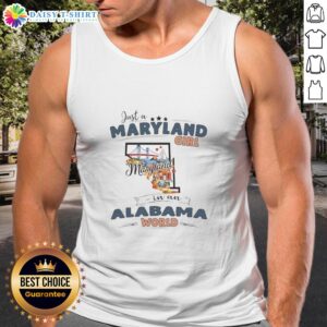 Maryland girl in Alabama world tank top featuring a state map outline design, perfect for proud state enthusiasts.