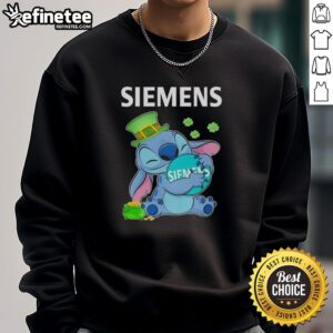 St. Patrick's Day sweatshirt featuring a nice stitch hug design with Siemens logo, perfect for festive celebrations.