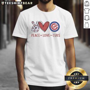 Alt Text: Awesome Chicago Cubs T-shirt featuring a peace love Cubs hand sign in a heart shape and team logo design.